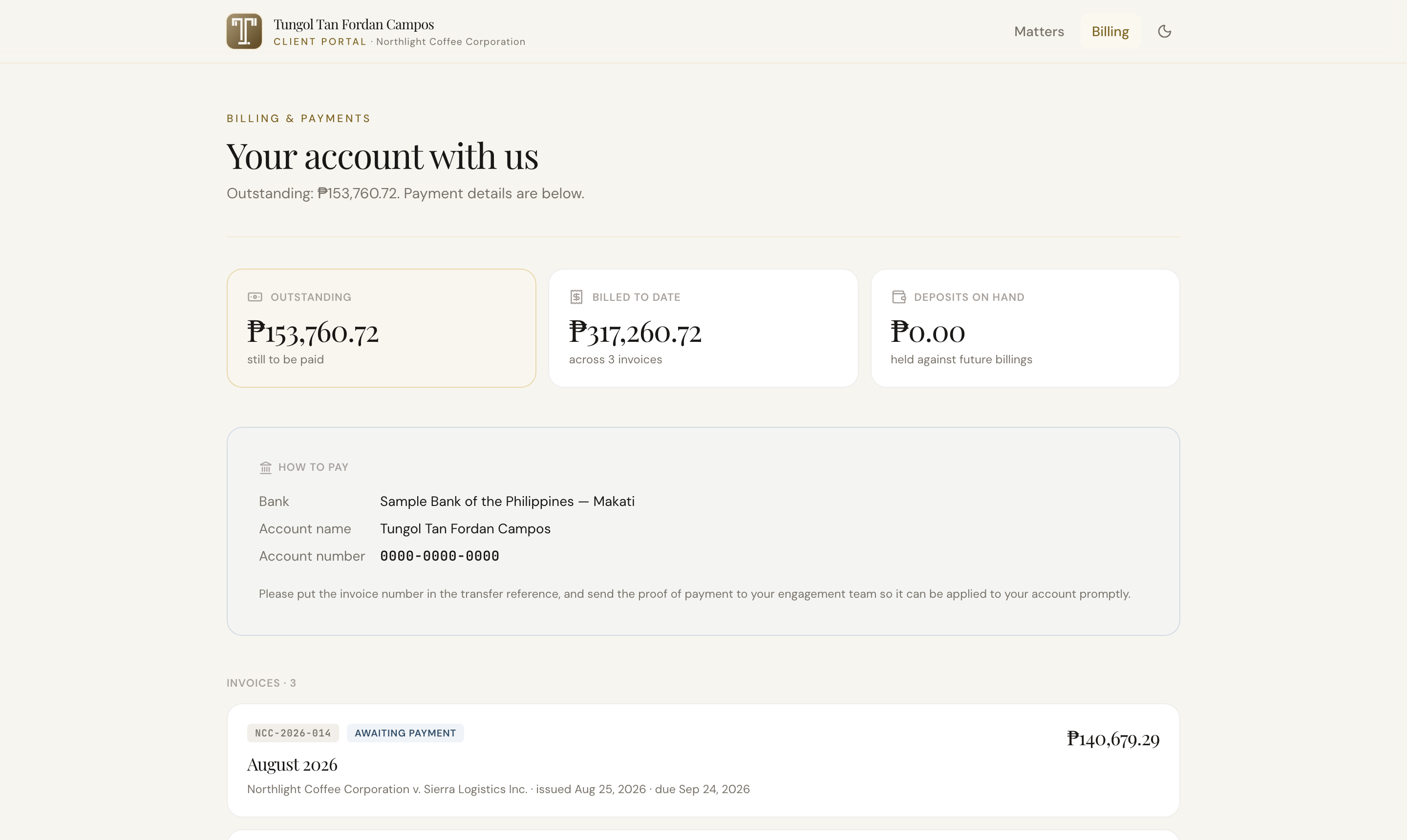 The billing page listing invoices with their period, amount, payment status, and outstanding balance.