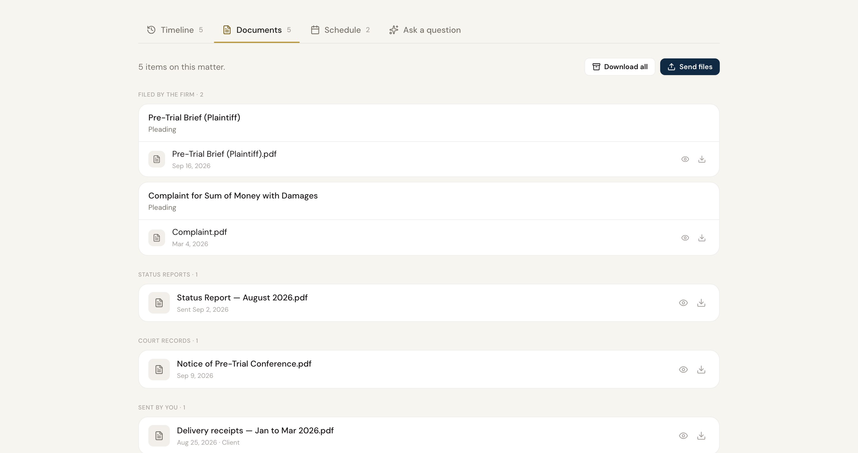 The Documents tab of a matter, listing filings, court records, and status reports, with a Send files button.