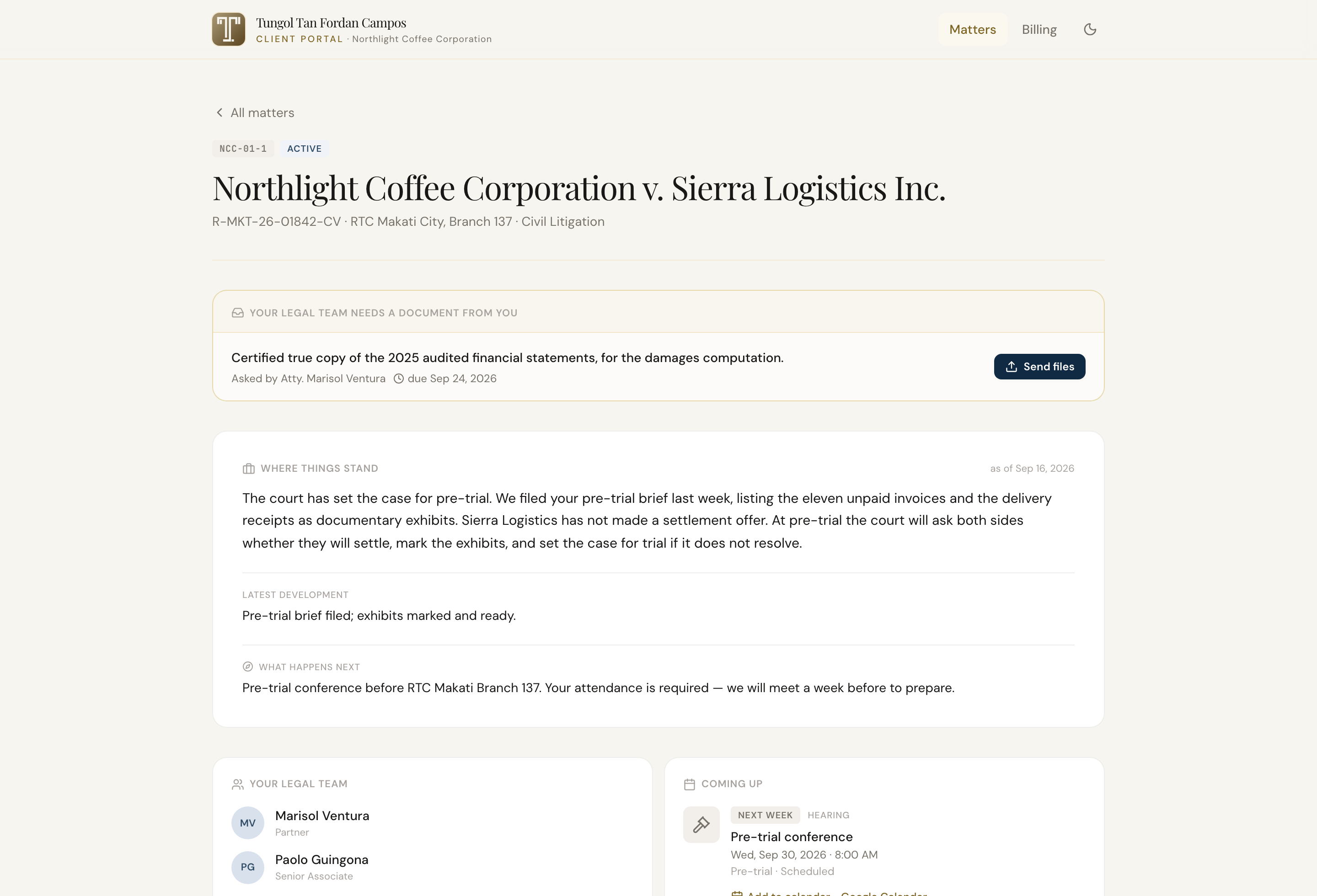 A matter page showing where things stand, what happens next, the legal team, and a dated timeline of filings and court records.