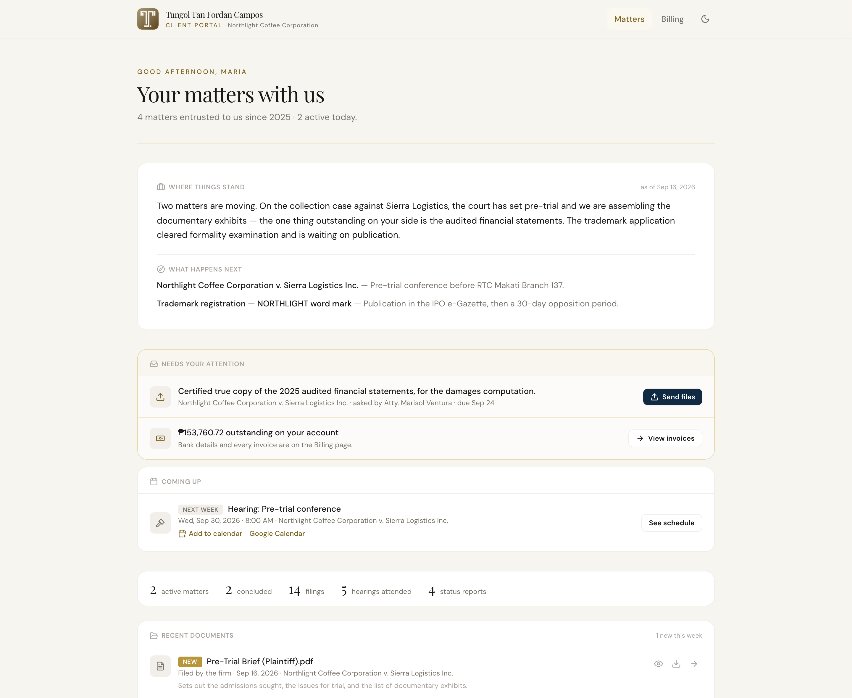 The portal's matters page: a summary of where things stand, an outstanding document request, the next hearing, and a card for each matter.